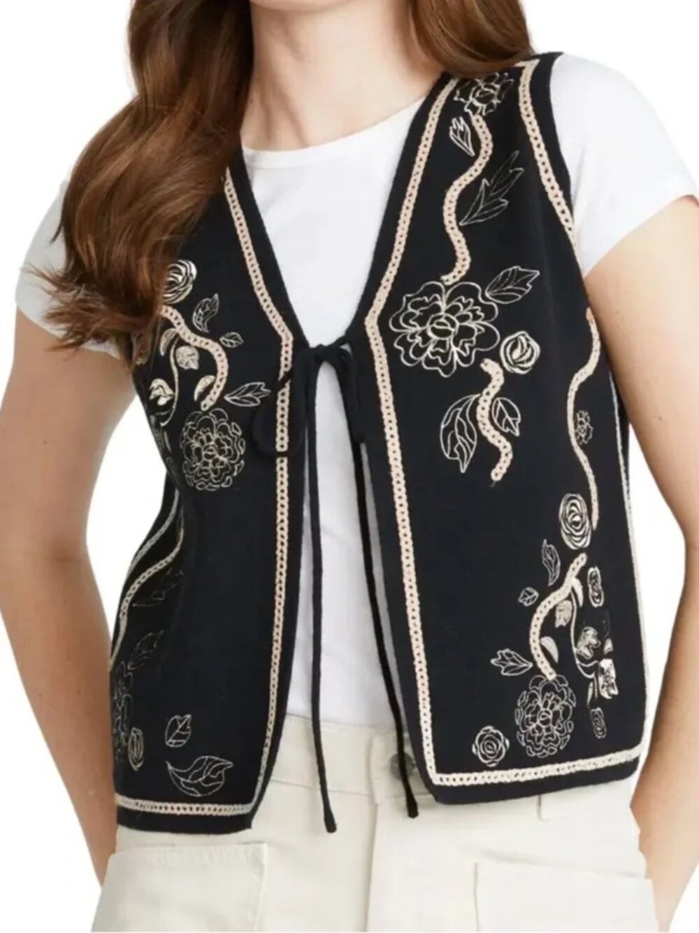 Driftwood Ravishing Roset Tie Front Sweater Vest Medium Black Floral Embroidered